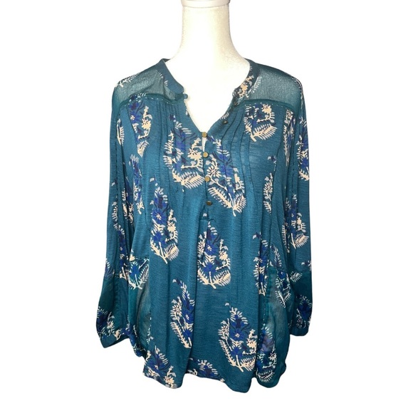 Y2K Lucky Brand Boho Floral Sheer Blouse | Teal Button Front Tunic | Size M - Picture 1 of 5